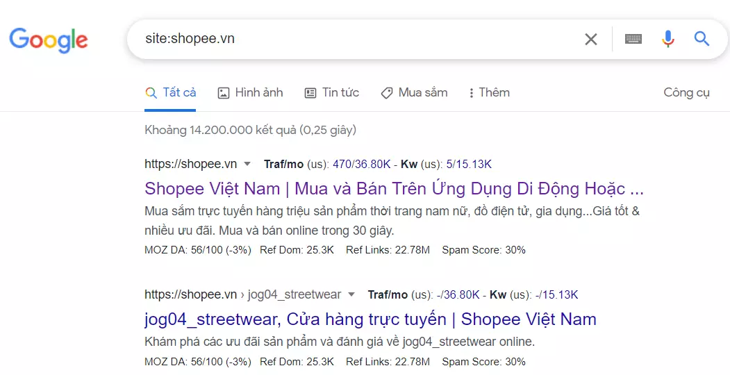 Tìm kiếm tên miền Shopee trên Google